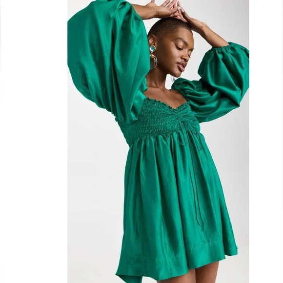 AZEEZA Rey silk puff sleeve mini dress in forest green NWT